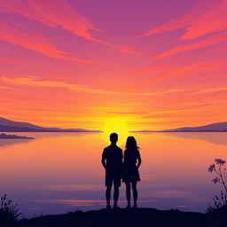 A serene landscape illustrating a tranquil sunset over a calm lake, where the sky is filled with stunning gradients of orange, pink, and lavender as the sun sets on the horizon