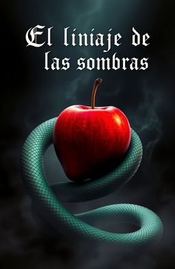 A mystical scene featuring a serpent entwined around a red apple, set against a dark, atmospheric background