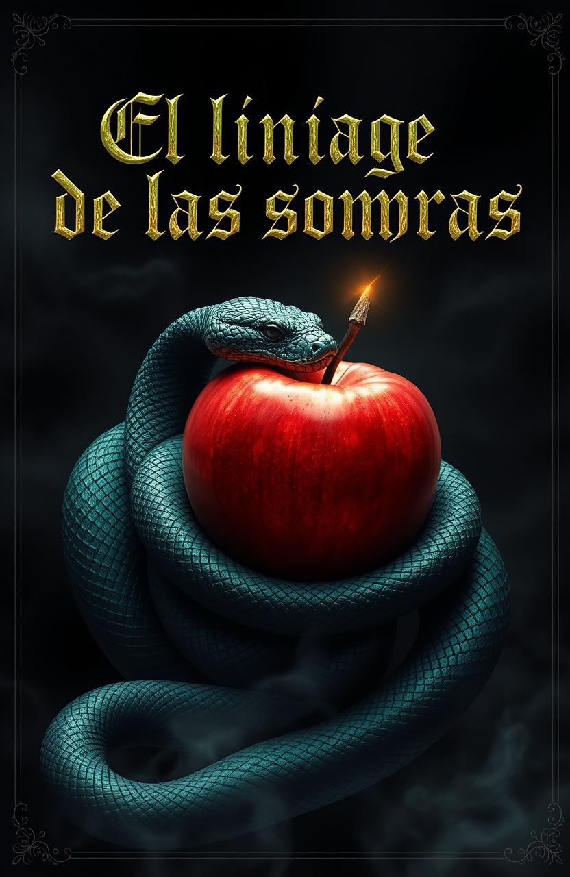 A mystical scene featuring a serpent entwined around a red apple, set against a dark, atmospheric background