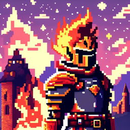 Pixel art profile picture of a flaming knight in a full suit of armor, engulfed in pixelated flames, standing against a castle backdrop under a starry twilight sky