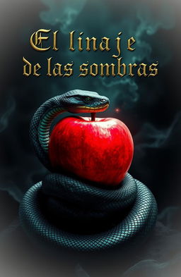 A mystical scene featuring a serpent entwined around a red apple, set against a dark, atmospheric background
