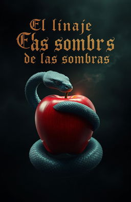 A mystical scene featuring a serpent entwined around a red apple, set against a dark, atmospheric background