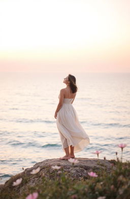 A serene and nostalgic scene that captures the essence of farewell, featuring a woman standing on a coastal cliff at sunset, overlooking the calm ocean waves