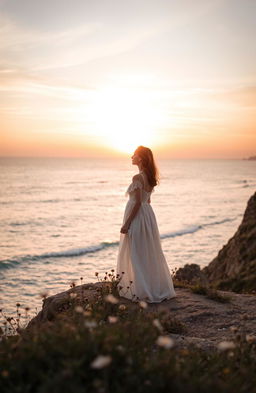 A serene and nostalgic scene that captures the essence of farewell, featuring a woman standing on a coastal cliff at sunset, overlooking the calm ocean waves