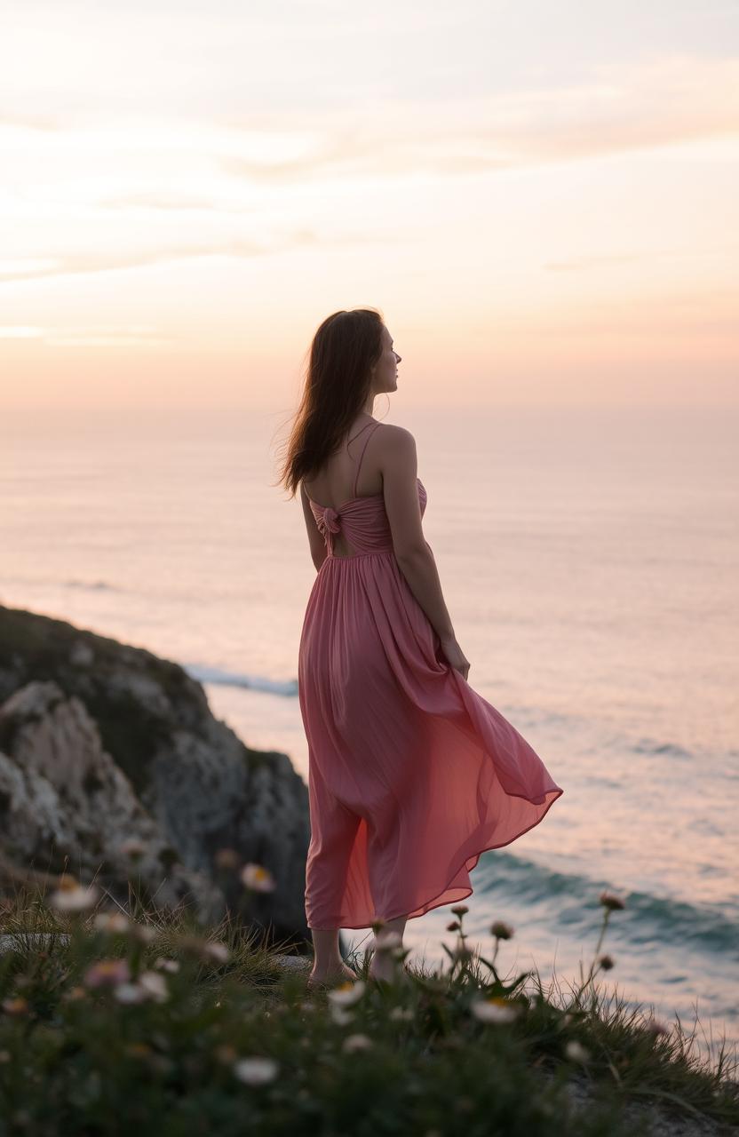 A serene and nostalgic scene that captures the essence of farewell, featuring a woman standing on a coastal cliff at sunset, overlooking the calm ocean waves