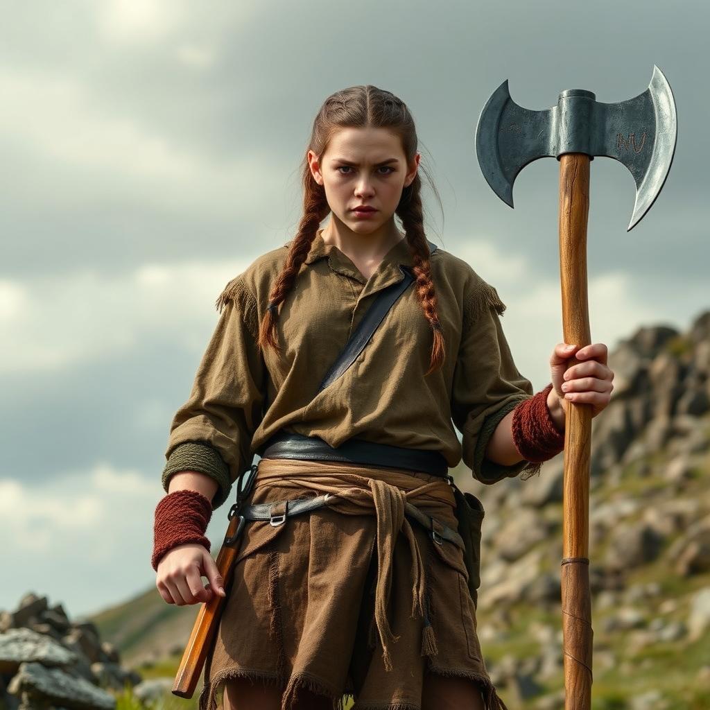 A powerful and imposing half-orc teenage girl standing over 220cm tall, showcasing her strength and fierce, intimidating facial features