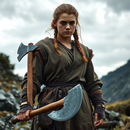 A powerful and imposing half-orc teenage girl standing over 220cm tall, showcasing her strength and fierce, intimidating facial features