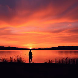 A serene landscape showcasing a tranquil sunset over a calm lake, featuring the sky filled with rich gradients of glowing orange, soft pink, and deep purple as the sun sets slowly on the horizon