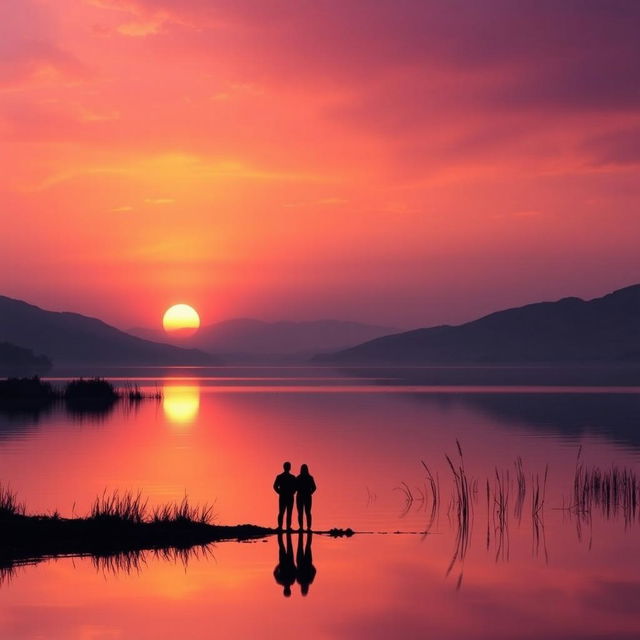 A serene landscape showcasing a tranquil sunset over a calm lake, featuring the sky filled with rich gradients of glowing orange, soft pink, and deep purple as the sun sets slowly on the horizon