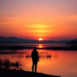 A serene landscape showcasing a tranquil sunset over a calm lake, featuring the sky filled with rich gradients of glowing orange, soft pink, and deep purple as the sun sets slowly on the horizon