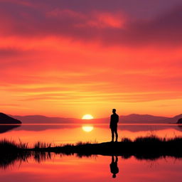 A serene landscape showcasing a tranquil sunset over a calm lake, featuring the sky filled with rich gradients of glowing orange, soft pink, and deep purple as the sun sets slowly on the horizon