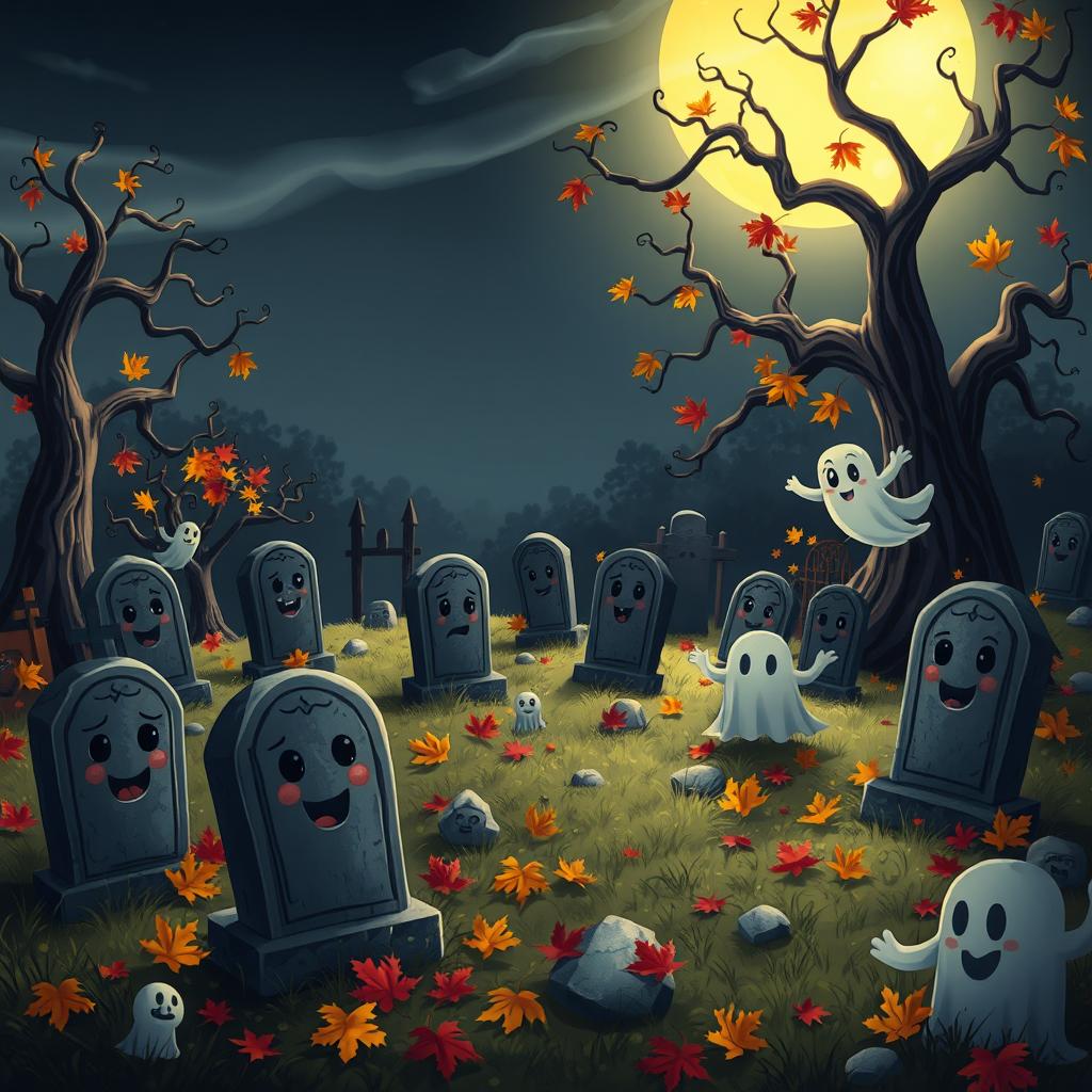 A dark and whimsical animated cemetery in a charming Disney style