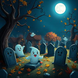 A dark and whimsical animated cemetery in a charming Disney style