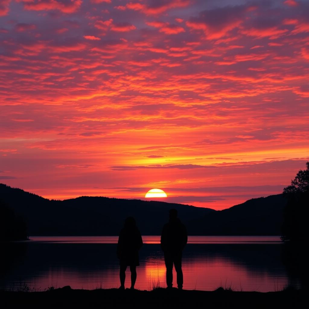 A serene landscape capturing a tranquil sunset over a calm lake, showcasing a breathtaking sky filled with rich hues of orange, pink, and deep purple as the sun descends on the horizon