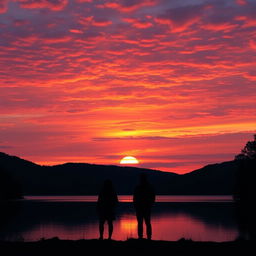 A serene landscape capturing a tranquil sunset over a calm lake, showcasing a breathtaking sky filled with rich hues of orange, pink, and deep purple as the sun descends on the horizon