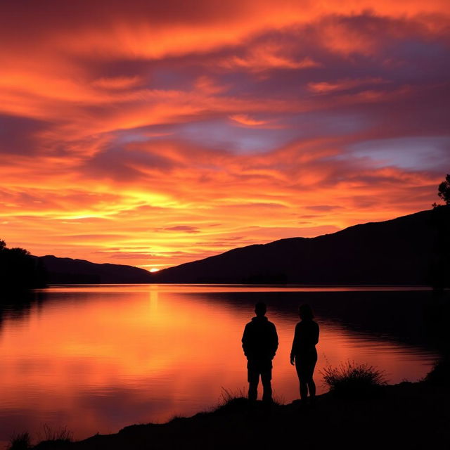 A serene landscape capturing a tranquil sunset over a calm lake, showcasing a breathtaking sky filled with rich hues of orange, pink, and deep purple as the sun descends on the horizon