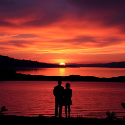 A serene landscape capturing a tranquil sunset over a calm lake, showcasing a breathtaking sky filled with rich hues of orange, pink, and deep purple as the sun descends on the horizon