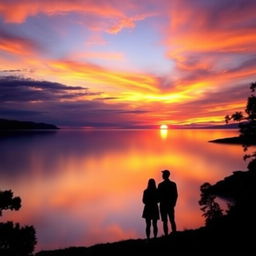 A serene landscape capturing a tranquil sunset over a calm lake, showcasing a breathtaking sky filled with rich hues of orange, pink, and deep purple as the sun descends on the horizon