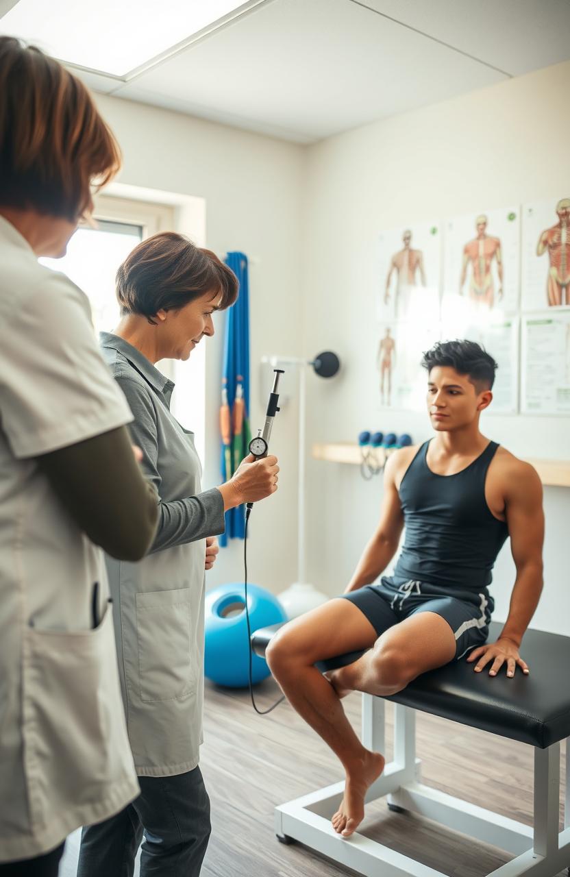 A detailed and professional physiotherapy assessment scene, showing a physiotherapist examining a patient in a bright, welcoming clinic environment