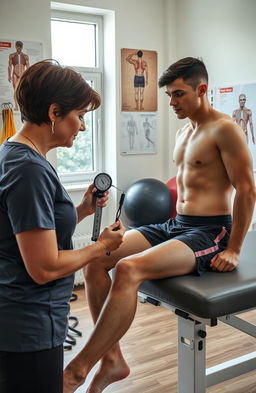 A detailed and professional physiotherapy assessment scene, showing a physiotherapist examining a patient in a bright, welcoming clinic environment