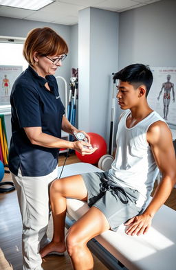 A detailed and professional physiotherapy assessment scene, showing a physiotherapist examining a patient in a bright, welcoming clinic environment
