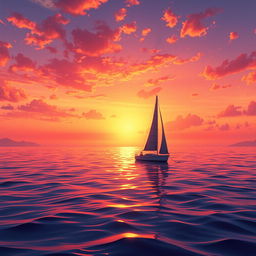 A vivid animation scene featuring a sailboat drifting aimlessly in the tranquil ocean without sails, bathed in the warm light of a stunning sunset