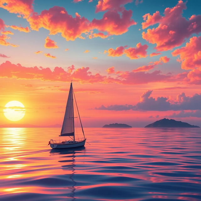 A vivid animation scene featuring a sailboat drifting aimlessly in the tranquil ocean without sails, bathed in the warm light of a stunning sunset