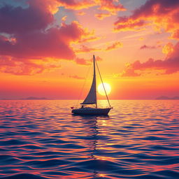 A vivid animation scene featuring a sailboat drifting aimlessly in the tranquil ocean without sails, bathed in the warm light of a stunning sunset
