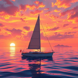 A vivid animation scene featuring a sailboat drifting aimlessly in the tranquil ocean without sails, bathed in the warm light of a stunning sunset