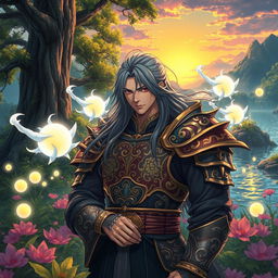 In a fantastical landscape inspired by the anime 'Soul Land', featuring the legendary Shinobi deity