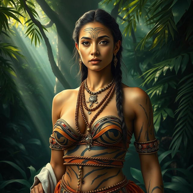 An enchanting portrayal of a beautiful human embodiment of the mythical striped tiger spirit, featuring a stunningly attractive woman with a pronounced chest