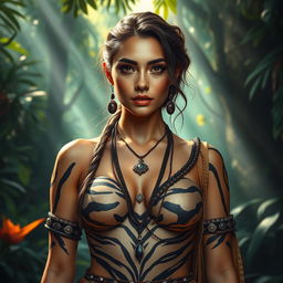 An enchanting portrayal of a beautiful human embodiment of the mythical striped tiger spirit, featuring a stunningly attractive woman with a pronounced chest