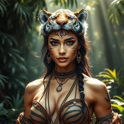 An enchanting portrayal of a beautiful human embodiment of the mythical striped tiger spirit, featuring a stunningly attractive woman with a pronounced chest