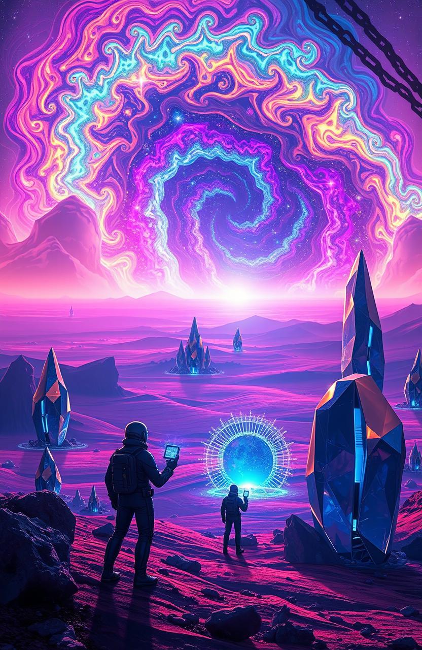 A stunning and vibrant science fiction landscape titled 'Chronicles of the Quantum Frontier'