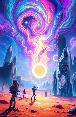 A stunning and vibrant science fiction landscape titled 'Chronicles of the Quantum Frontier'