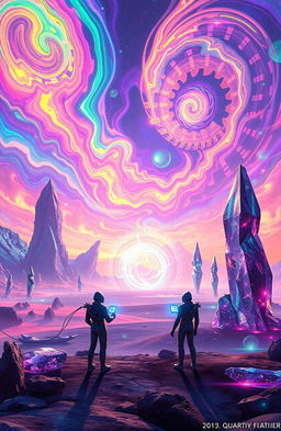 A stunning and vibrant science fiction landscape titled 'Chronicles of the Quantum Frontier'