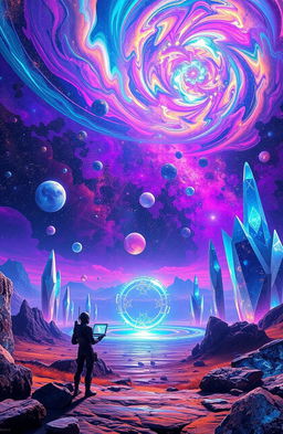 A stunning and vibrant science fiction landscape titled 'Chronicles of the Quantum Frontier'