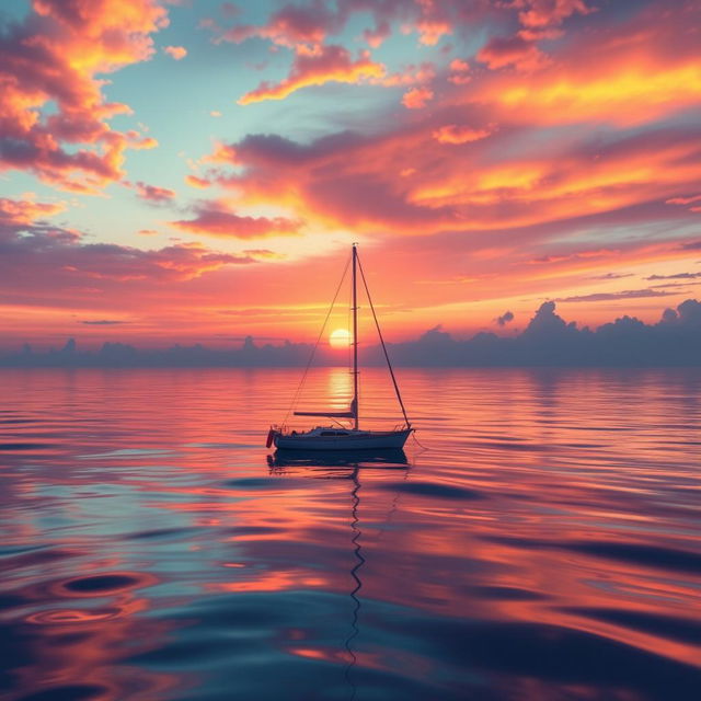 A vivid animation scene showcasing a sailboat drifting aimlessly in the calm ocean without sails during a stunning sunset