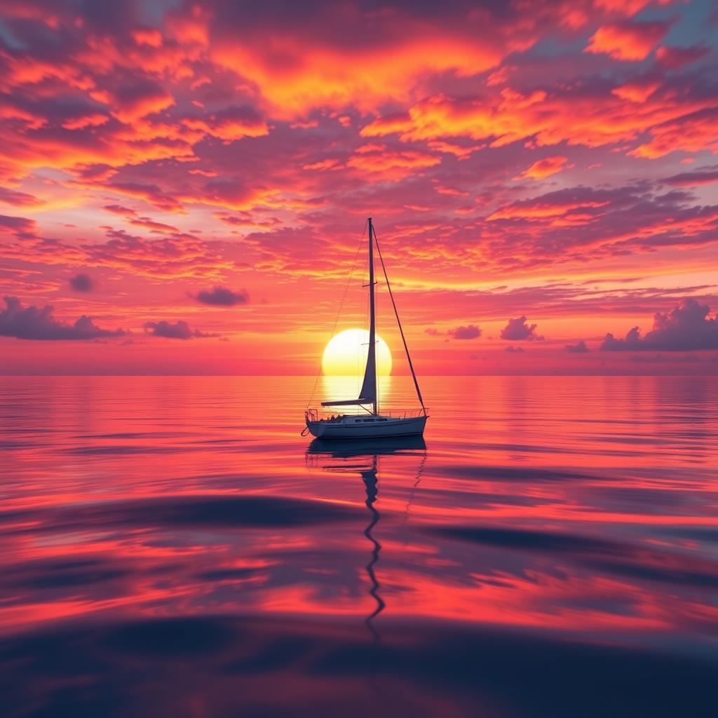 A vivid animation scene showcasing a sailboat drifting aimlessly in the calm ocean without sails during a stunning sunset