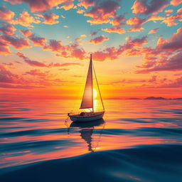 A vivid animation scene showcasing a sailboat drifting aimlessly in the calm ocean without sails during a stunning sunset