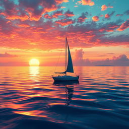 A vivid animation scene showcasing a sailboat drifting aimlessly in the calm ocean without sails during a stunning sunset