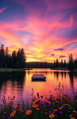 A beautiful, serene landscape featuring a vibrant sunset over a tranquil lake, surrounded by tall pine trees and colorful wildflowers in the foreground