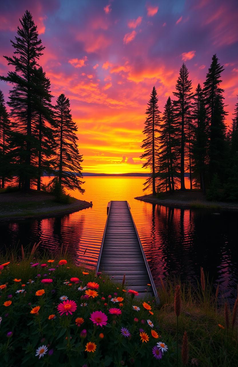 A beautiful, serene landscape featuring a vibrant sunset over a tranquil lake, surrounded by tall pine trees and colorful wildflowers in the foreground