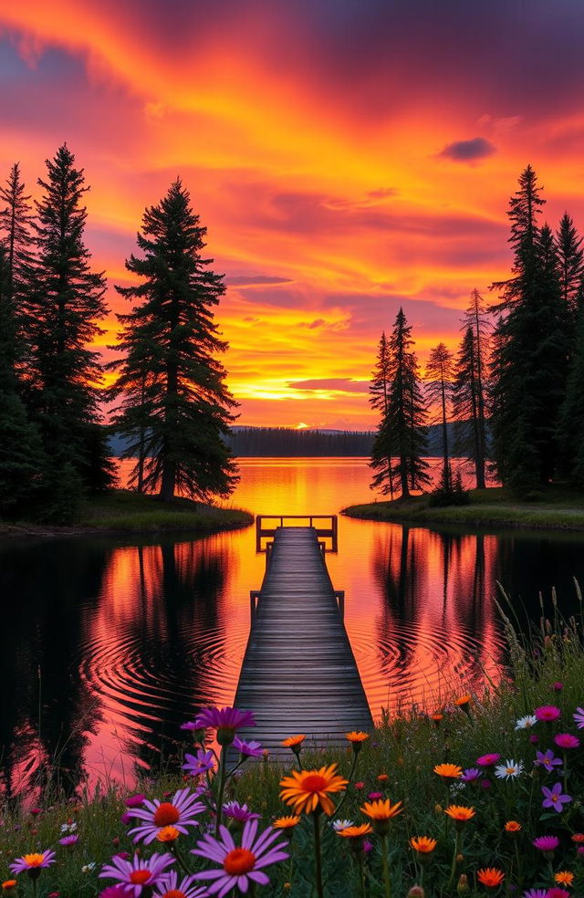 A beautiful, serene landscape featuring a vibrant sunset over a tranquil lake, surrounded by tall pine trees and colorful wildflowers in the foreground