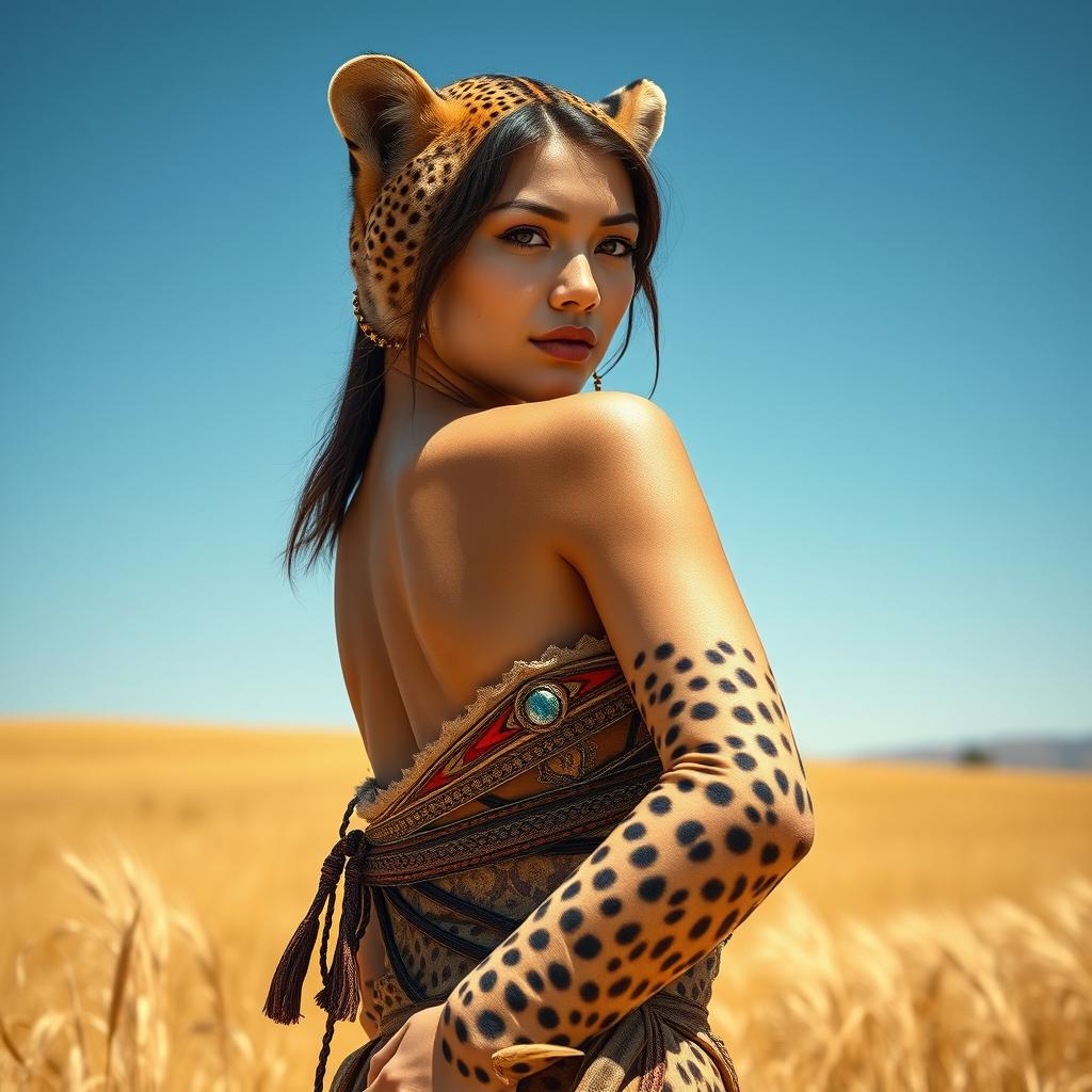 A stunning representation of a Central Asian beauty embodying the spirit of a cheetah, featuring a strikingly attractive woman with prominent curves