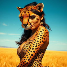A stunning representation of a Central Asian beauty embodying the spirit of a cheetah, featuring a strikingly attractive woman with prominent curves