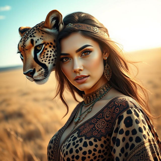 A stunning representation of a Central Asian beauty embodying the spirit of a cheetah, featuring a strikingly attractive woman with prominent curves