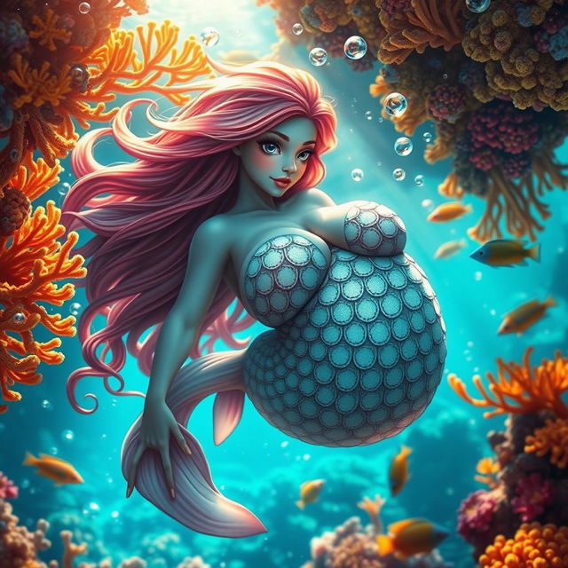 A stunning water spirit, resembling a beautiful fish with large breasts, gracefully swimming through a colorful coral reef