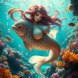 A stunning water spirit, resembling a beautiful fish with large breasts, gracefully swimming through a colorful coral reef