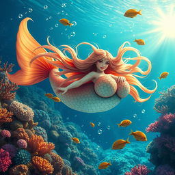 A stunning water spirit, resembling a beautiful fish with large breasts, gracefully swimming through a colorful coral reef